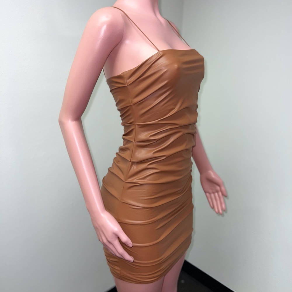 Brown leather mini dress